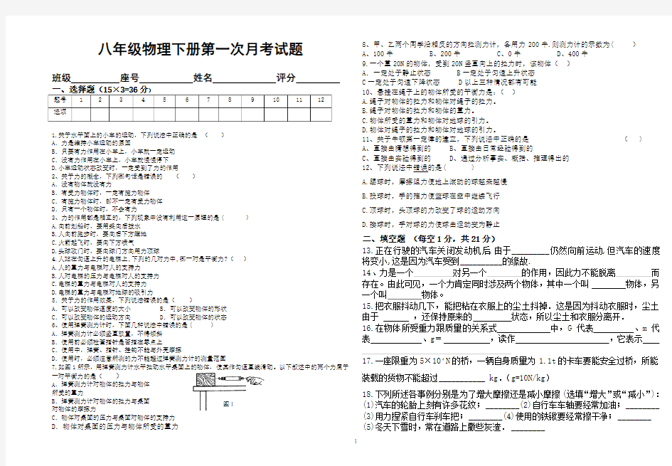 (完整版)2019物理八年级下册第一次月考(含答案)