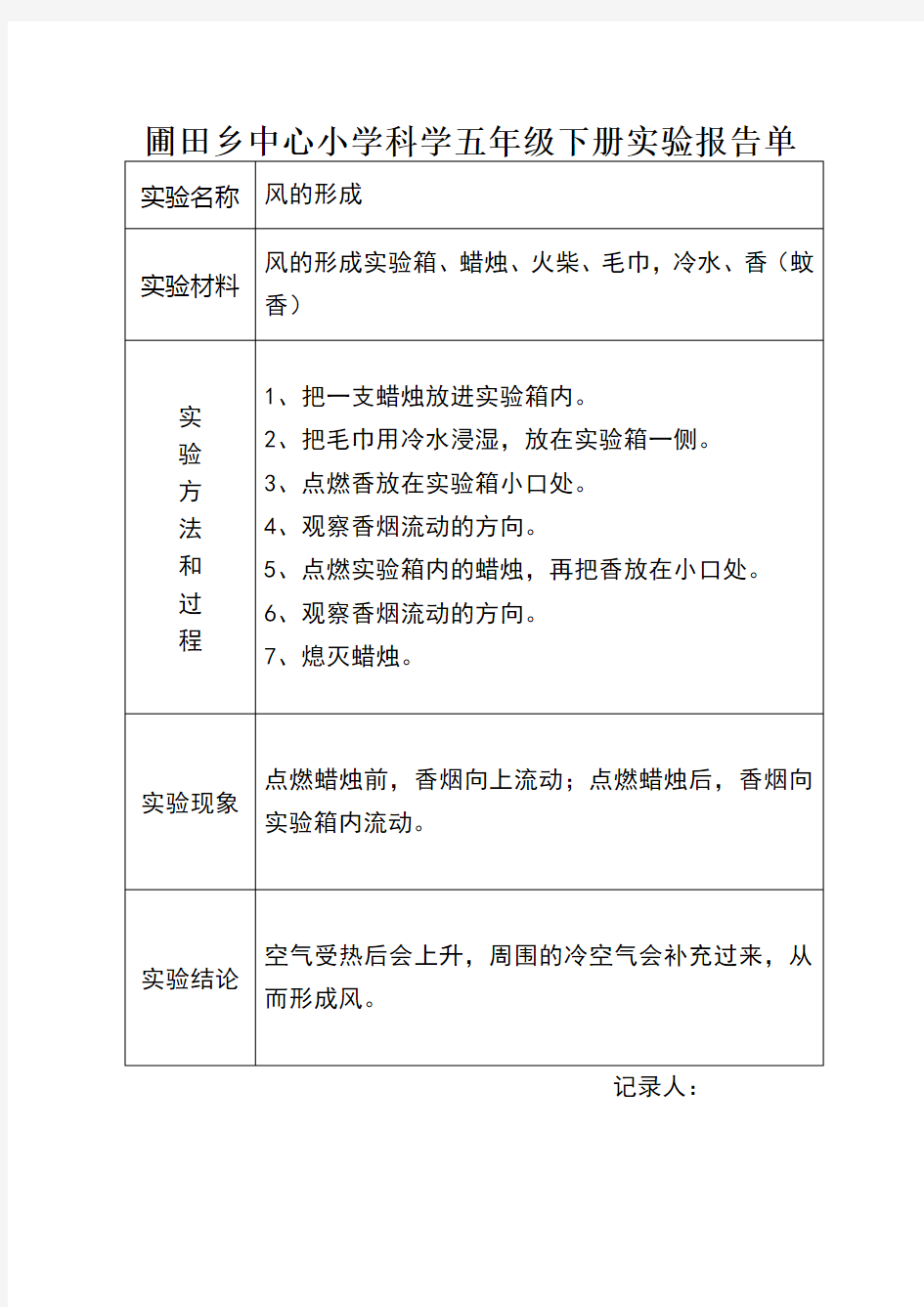 科学五年级下册实验报告单