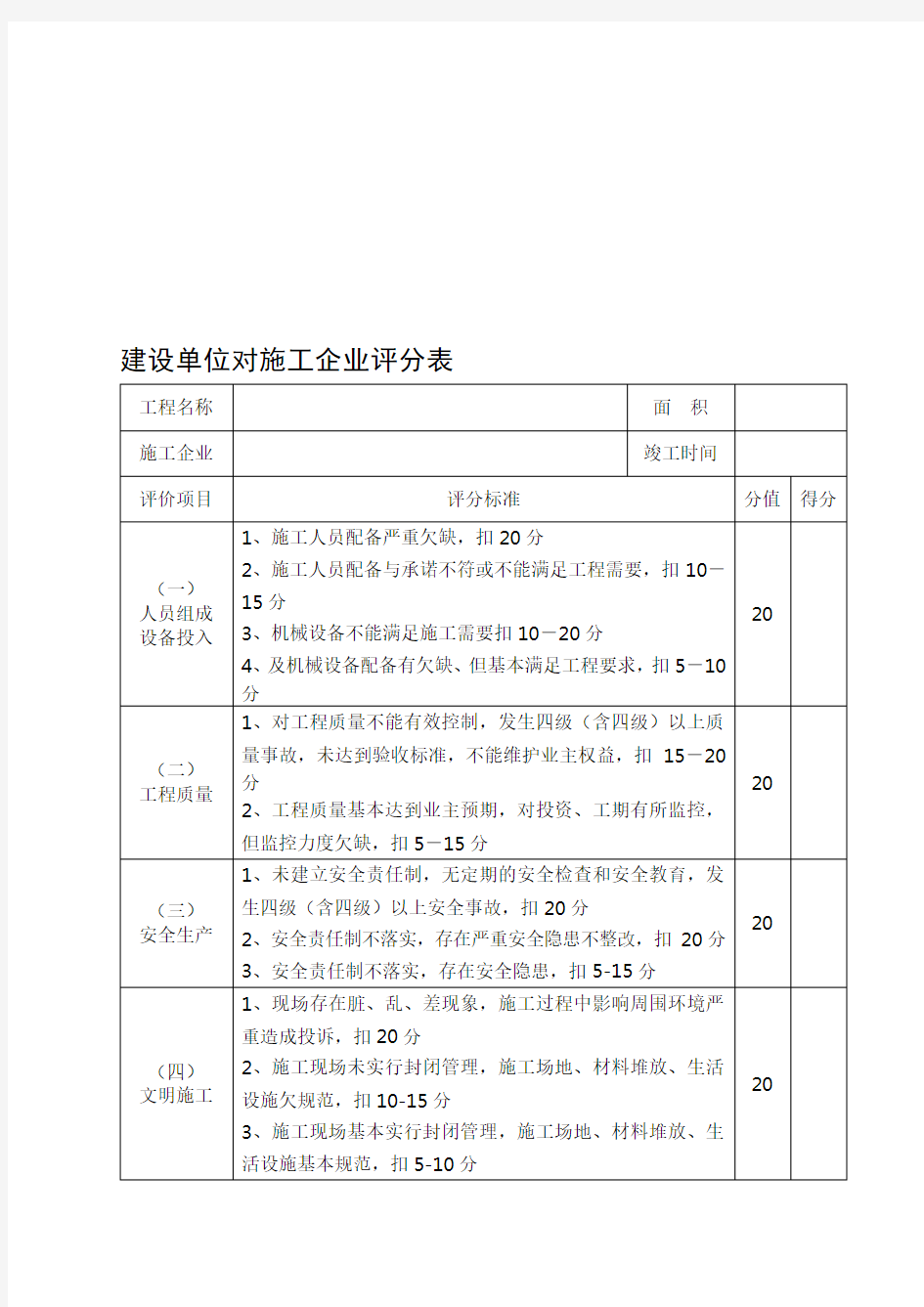 建设单位对工程施工企业评价表