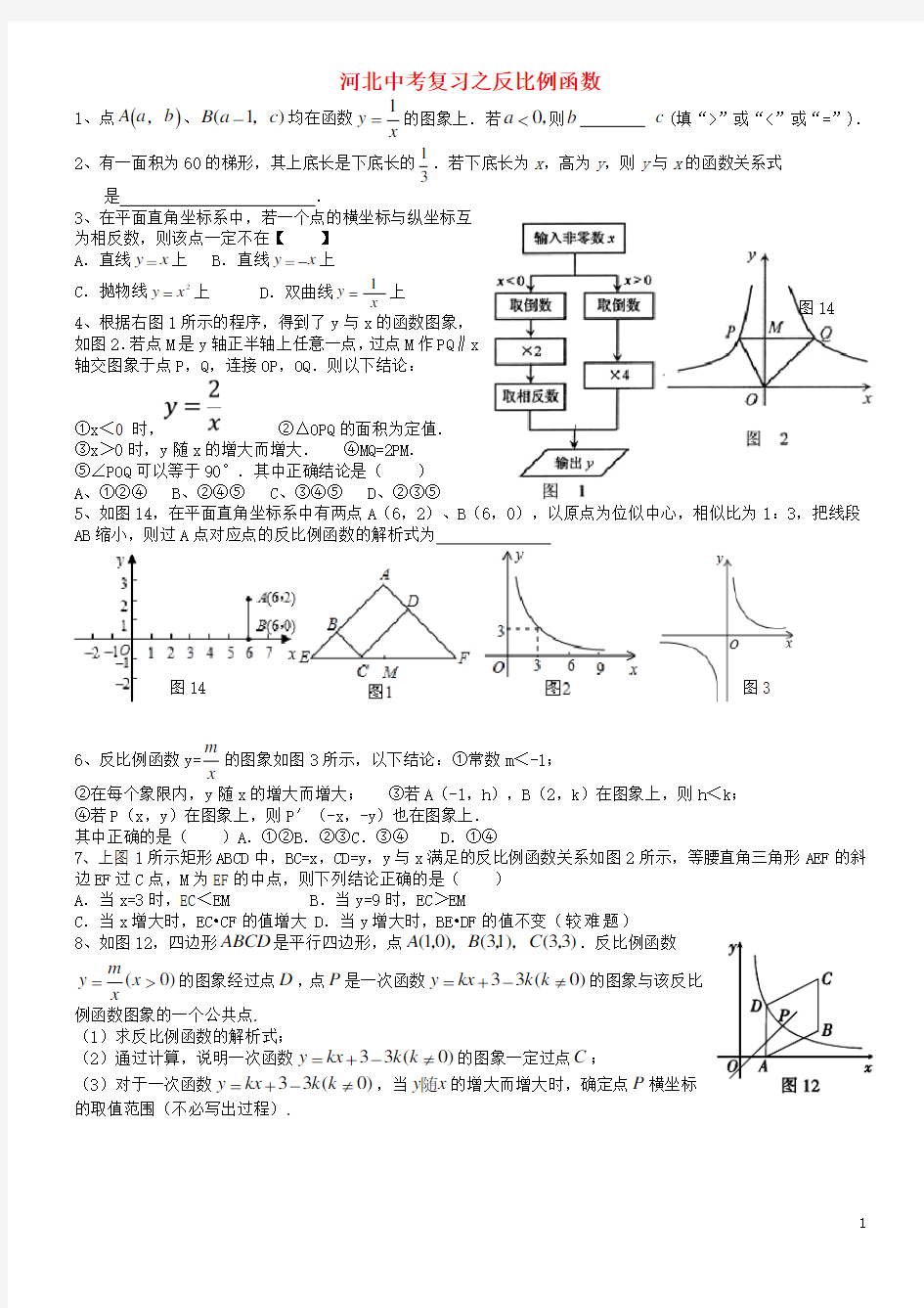 河北省中考数学总复习 反比例函数专题(无答案)