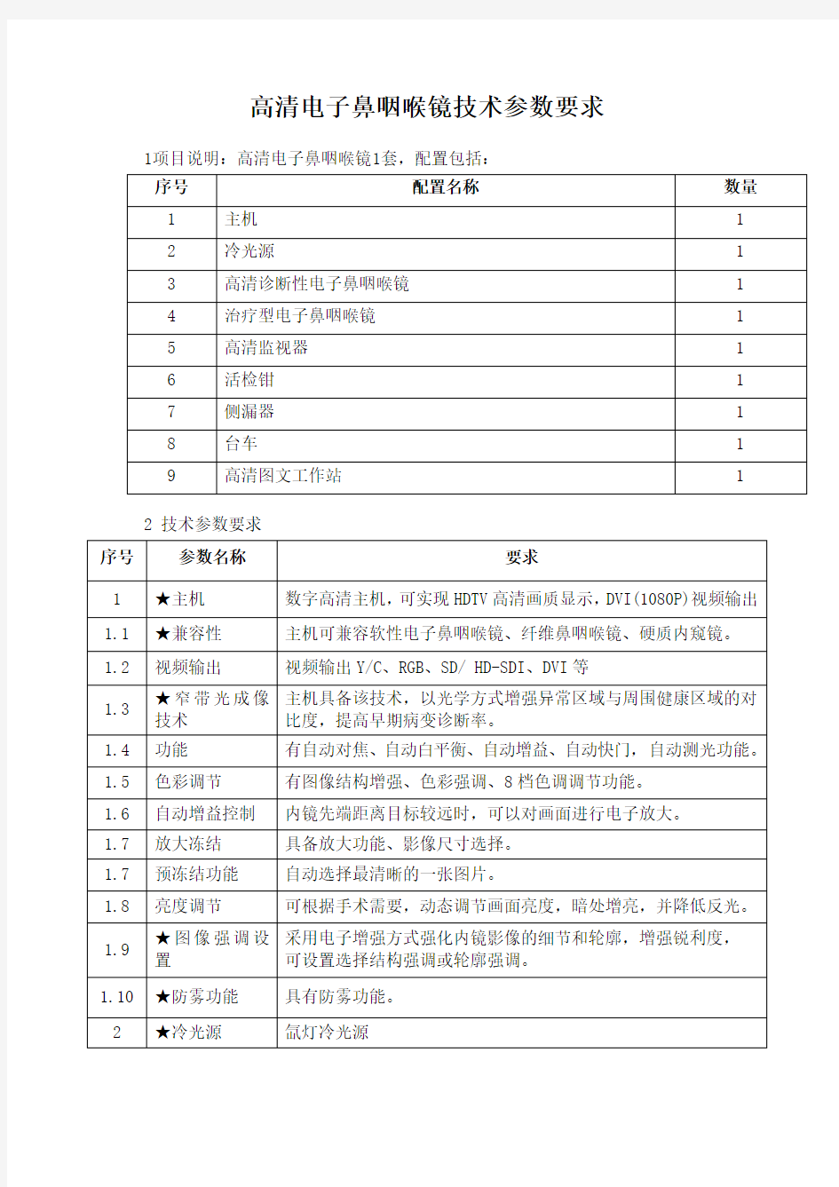 高清电子鼻咽喉镜技术参数要求