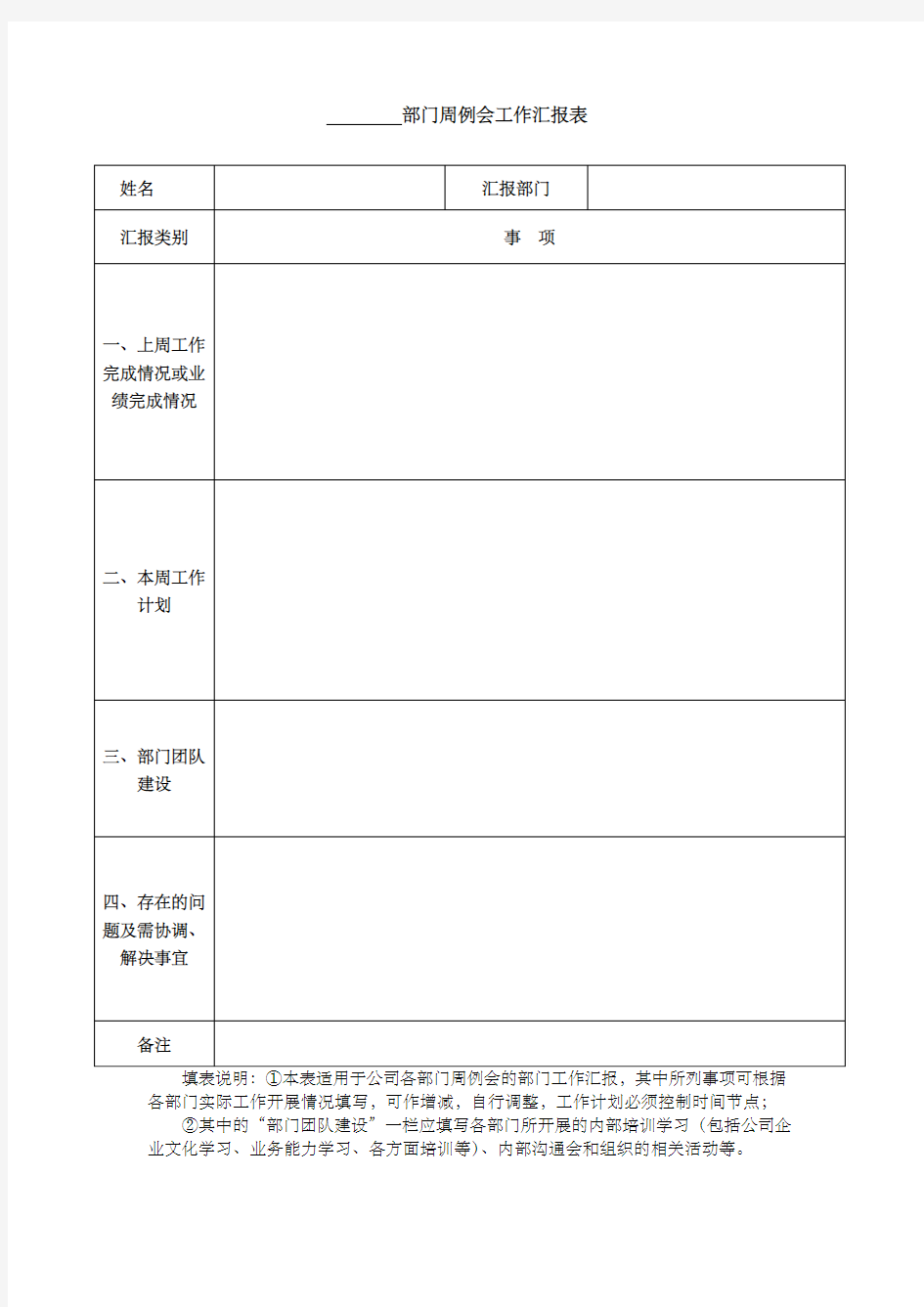 部门周例会工作汇报表 