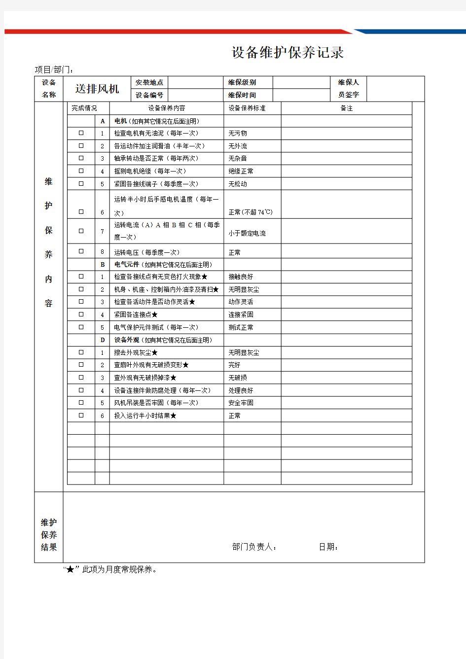 送排风机维护保养记录