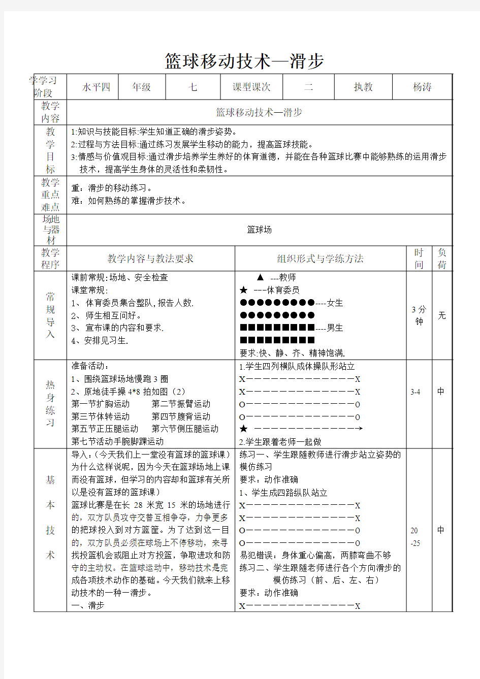 [初中二年级]篮球移动技术—滑步 教 案