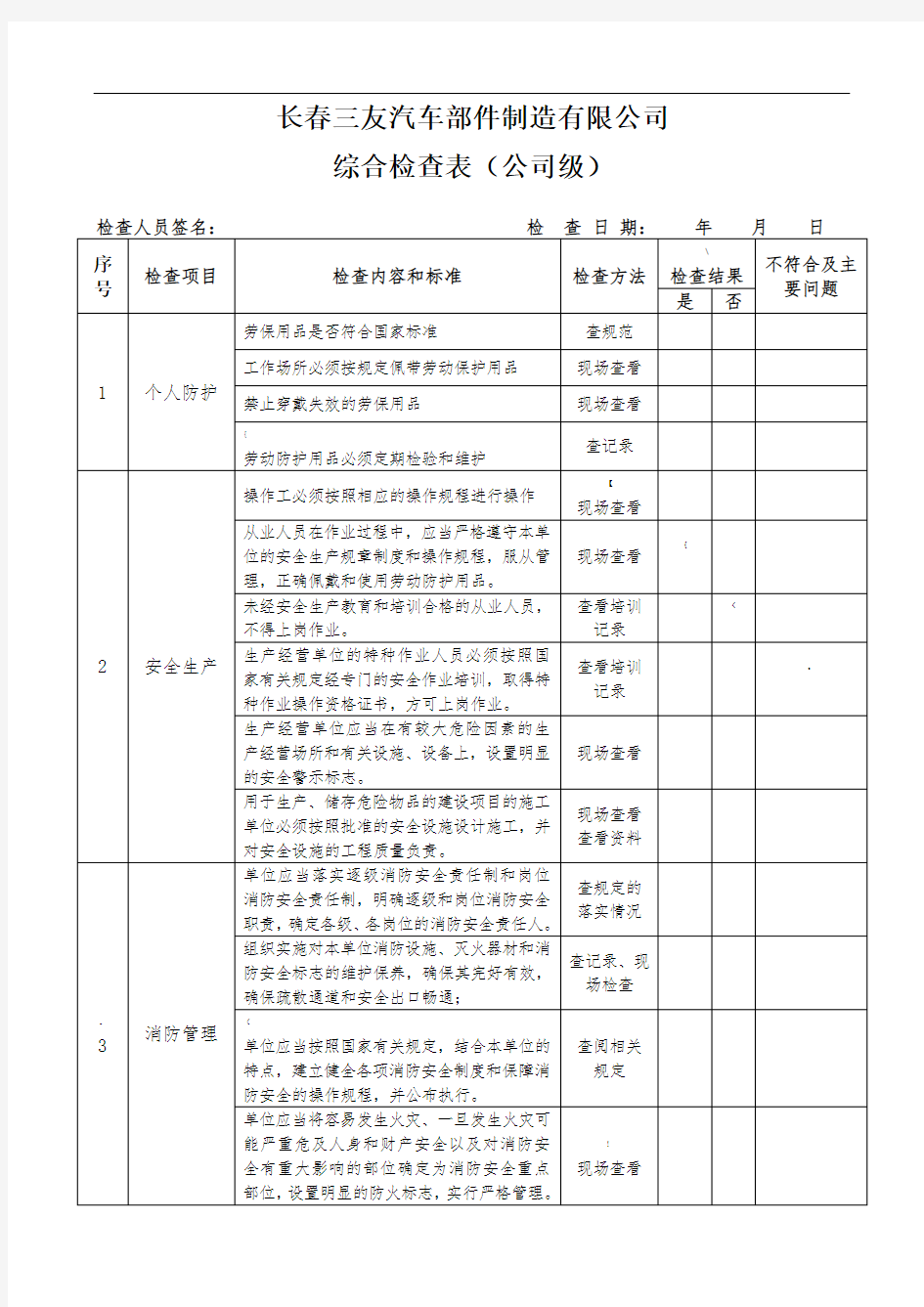 综合检查表(公司级)