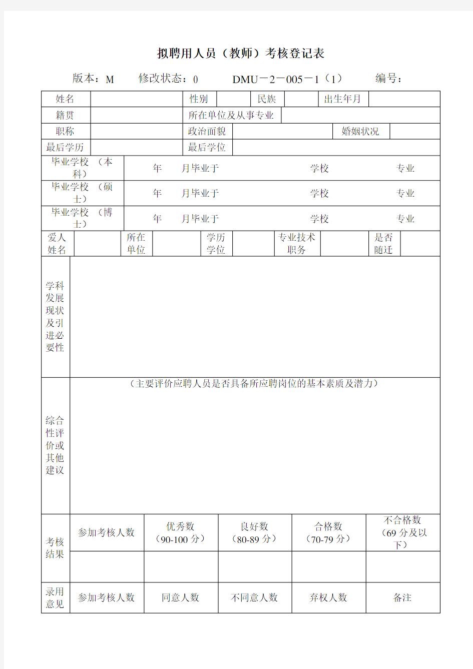 拟聘用人员(教师)考核登记表【模板】