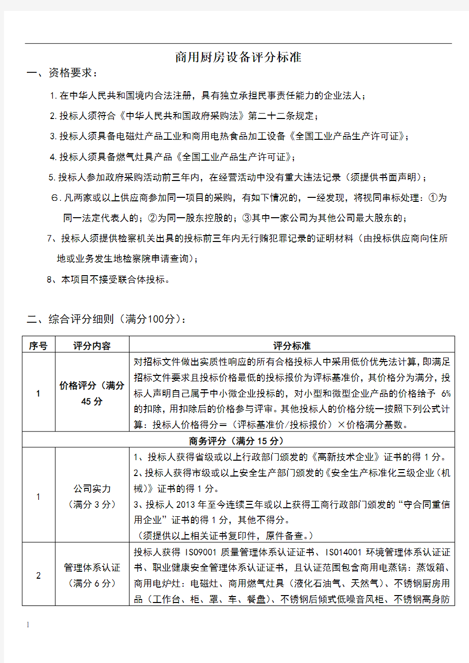 商用厨房设备评分标准