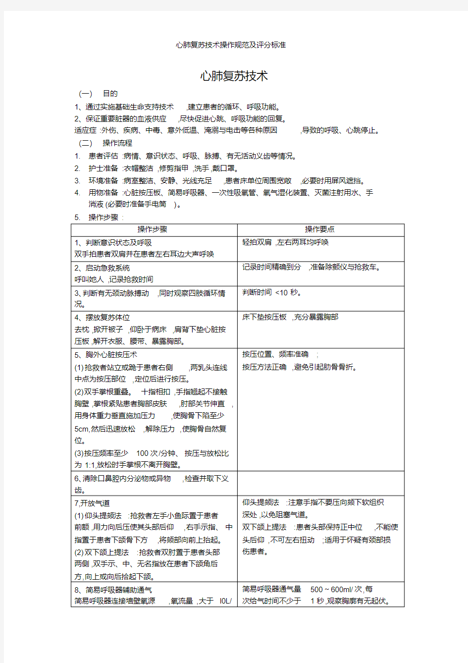 心肺复苏技术操作规范及评分标准