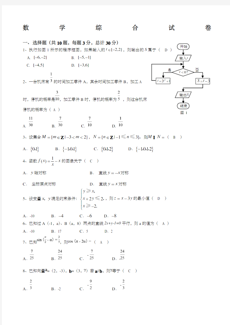 高中数学必修到必修综合试题