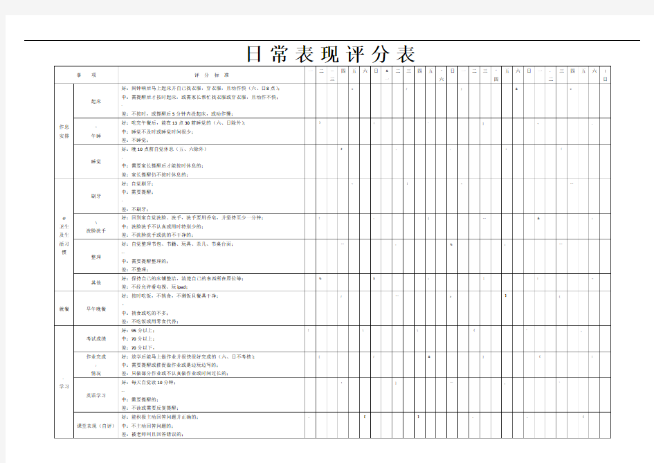 小学生日常表现评分表