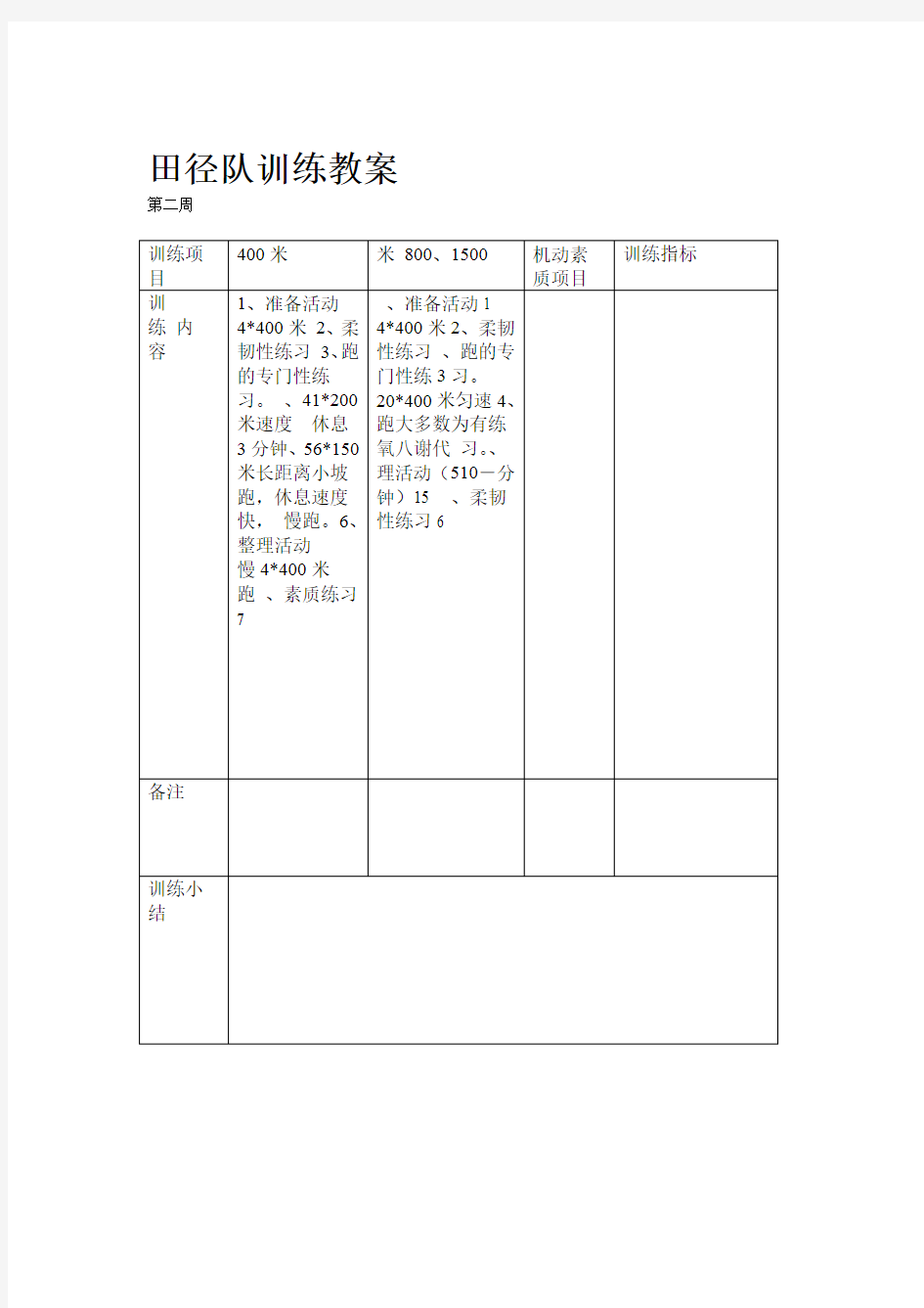 田径队训练教案