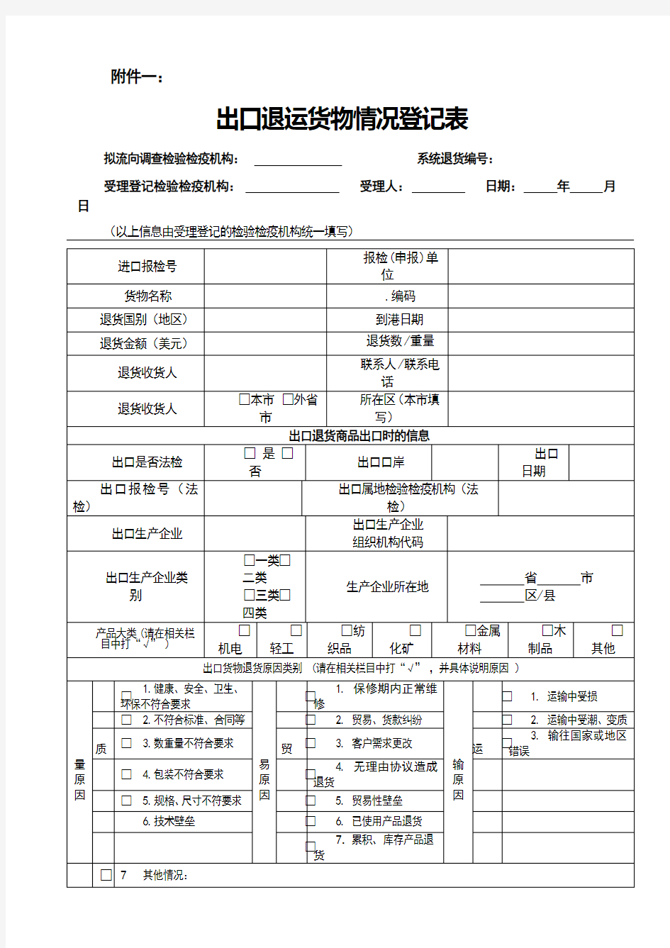 出口退运货物情况登记表