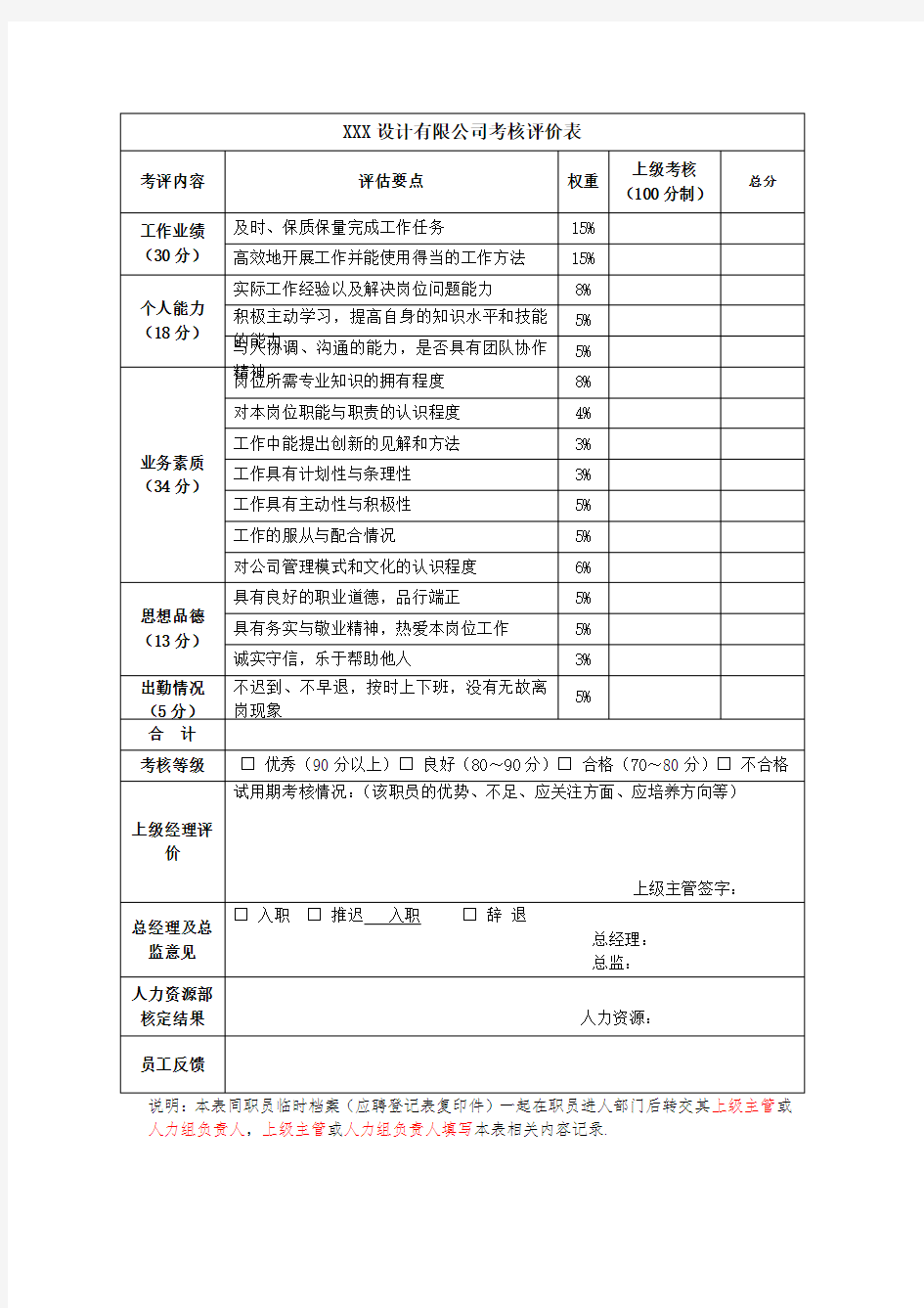 公司新员工入职评价表