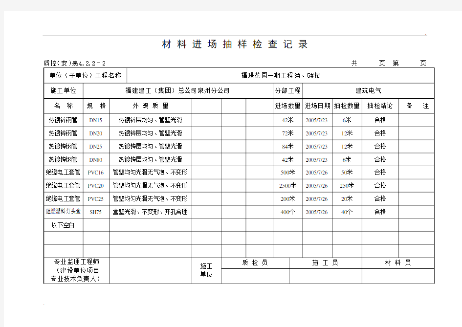 材 料 进 场 抽 样 检 查 记 录