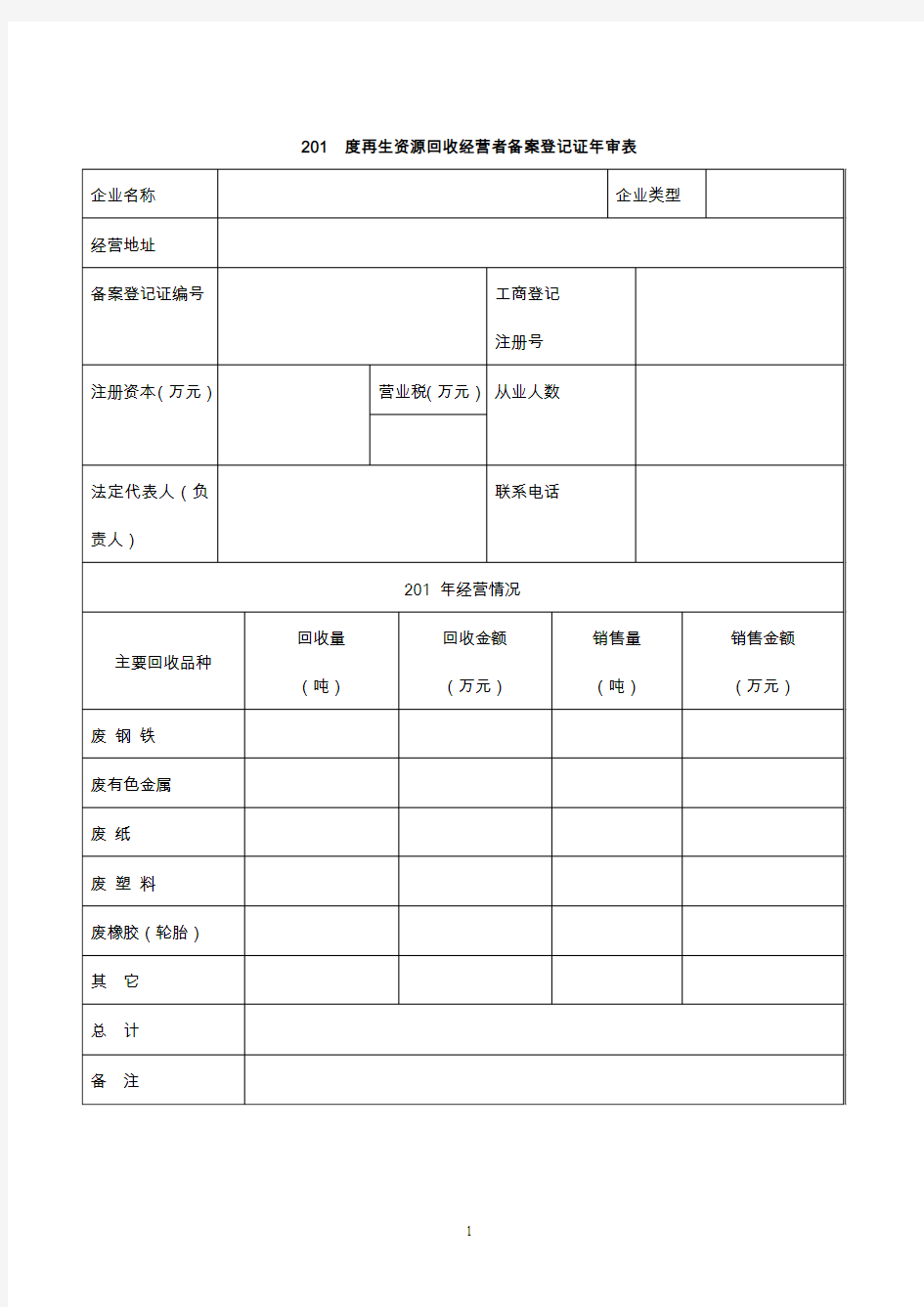 201度再生资源回收经营者备案登记证年审表