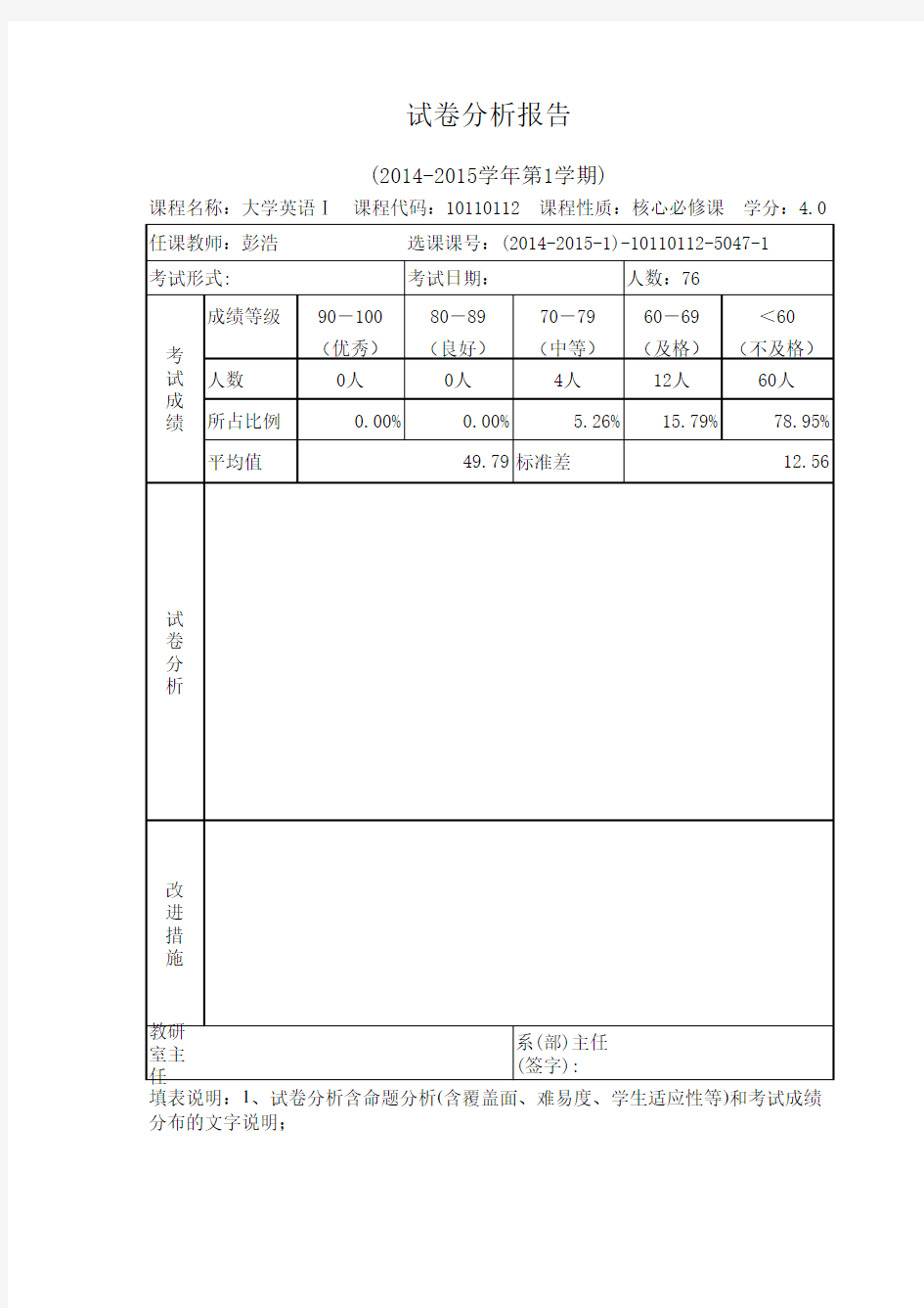 大学期末试卷分析模板