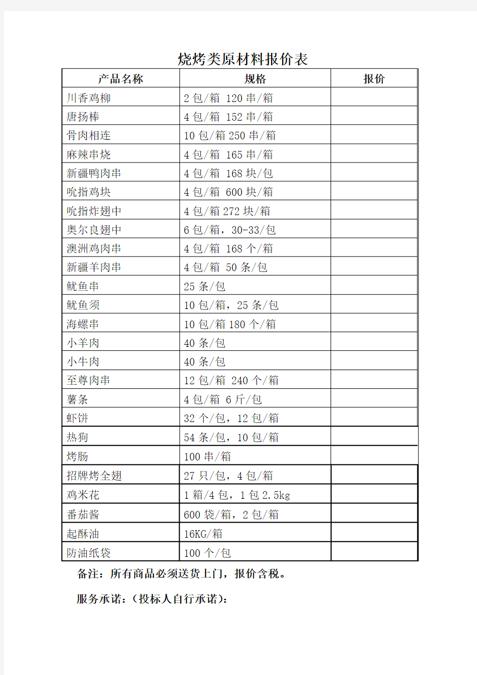 烧烤类原材料报价表