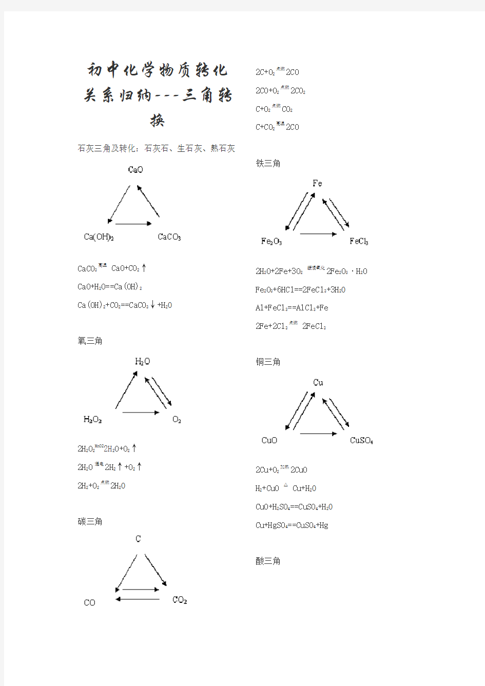 初中化学物质三角转换