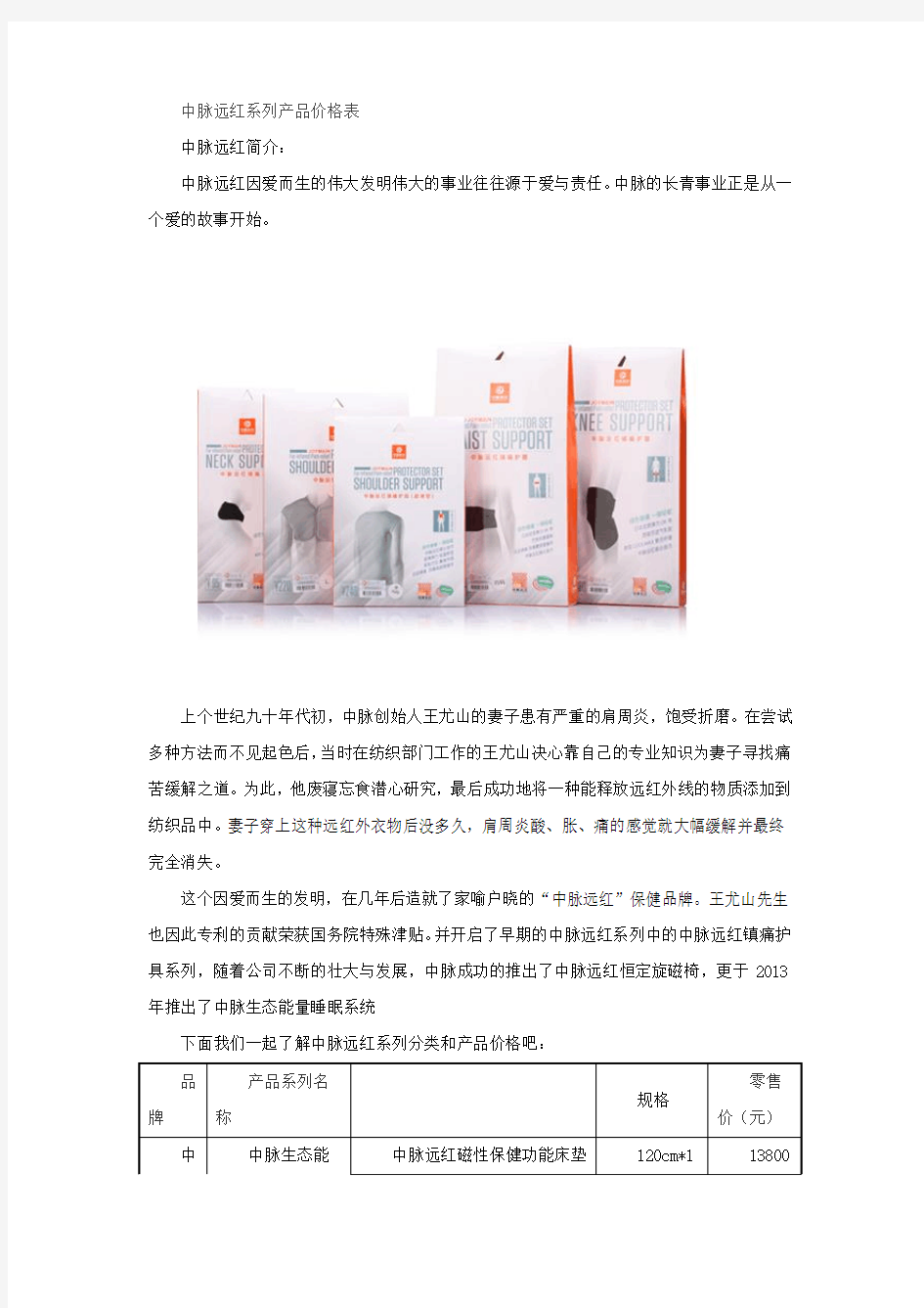 中脉产品远红系列产品价格表-2015