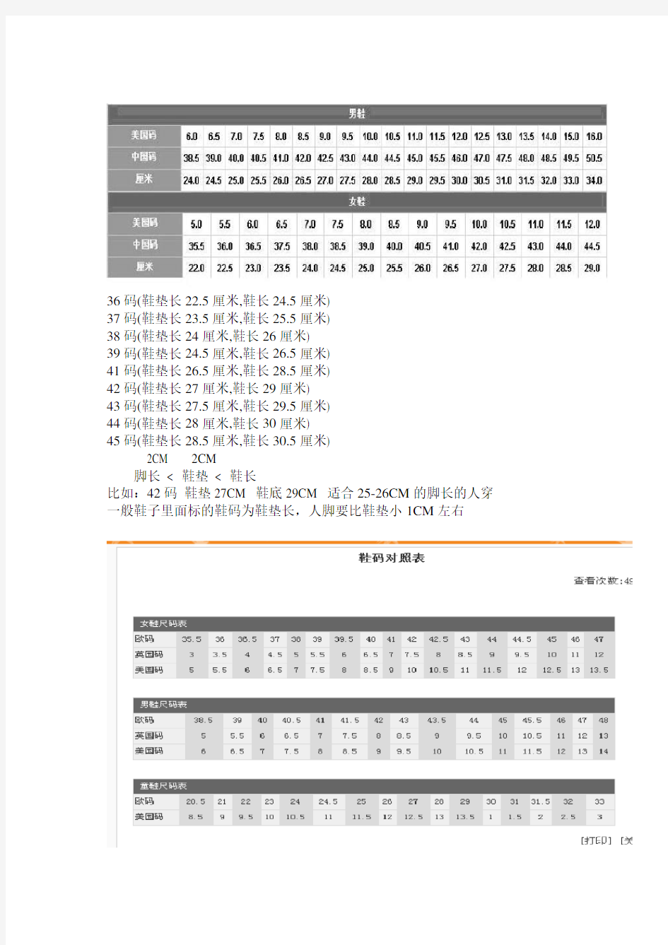 各国鞋码对照