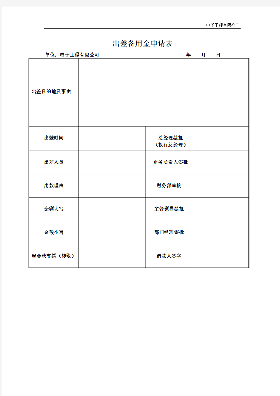 出差备用金申请表