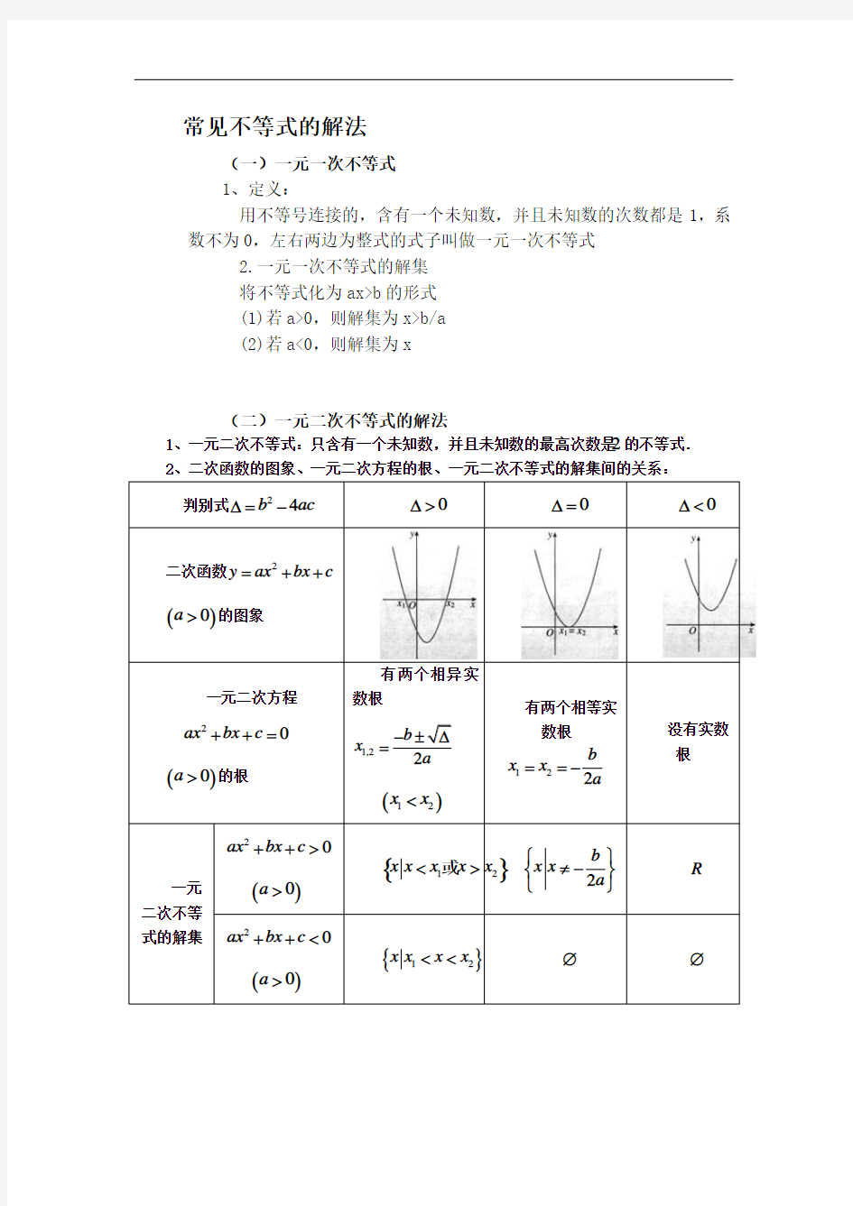 常见不等式的解法知识点总结