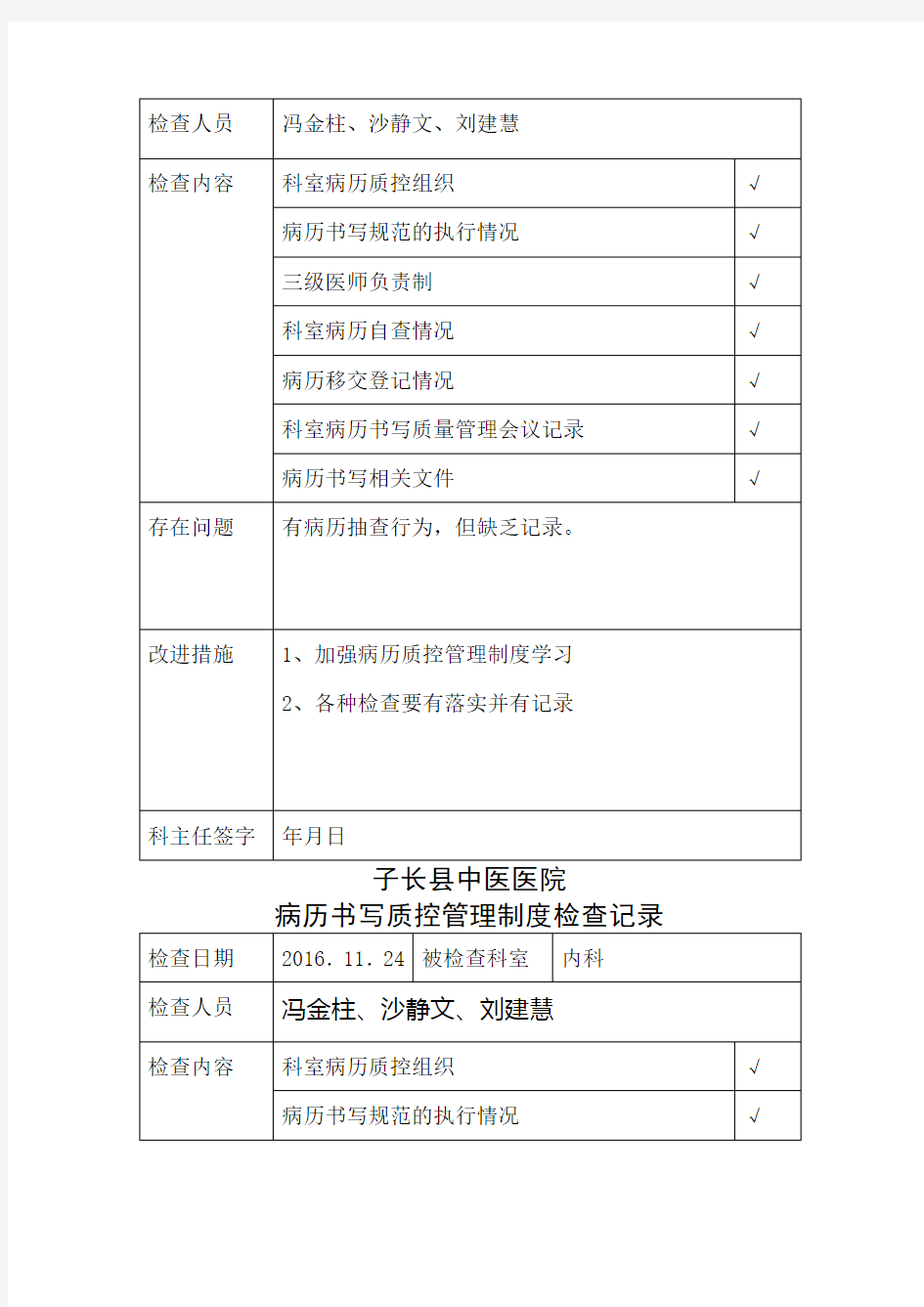 病历书写质控管理制度检查记录