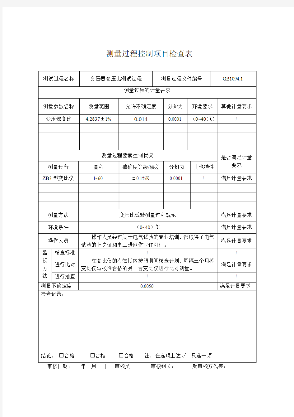 测量过程控制项目检查表