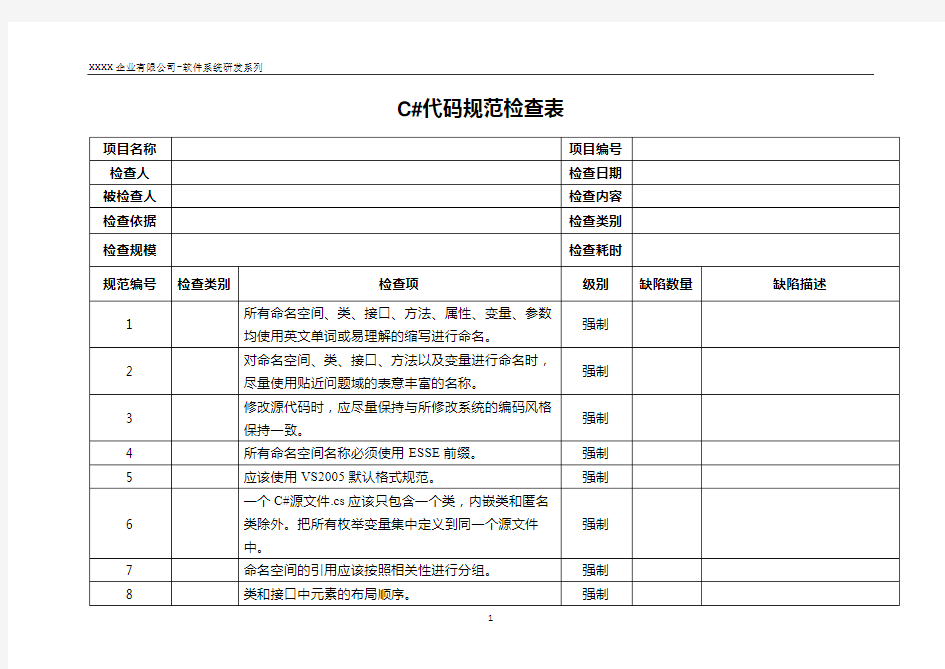 C#代码规范检查表范本