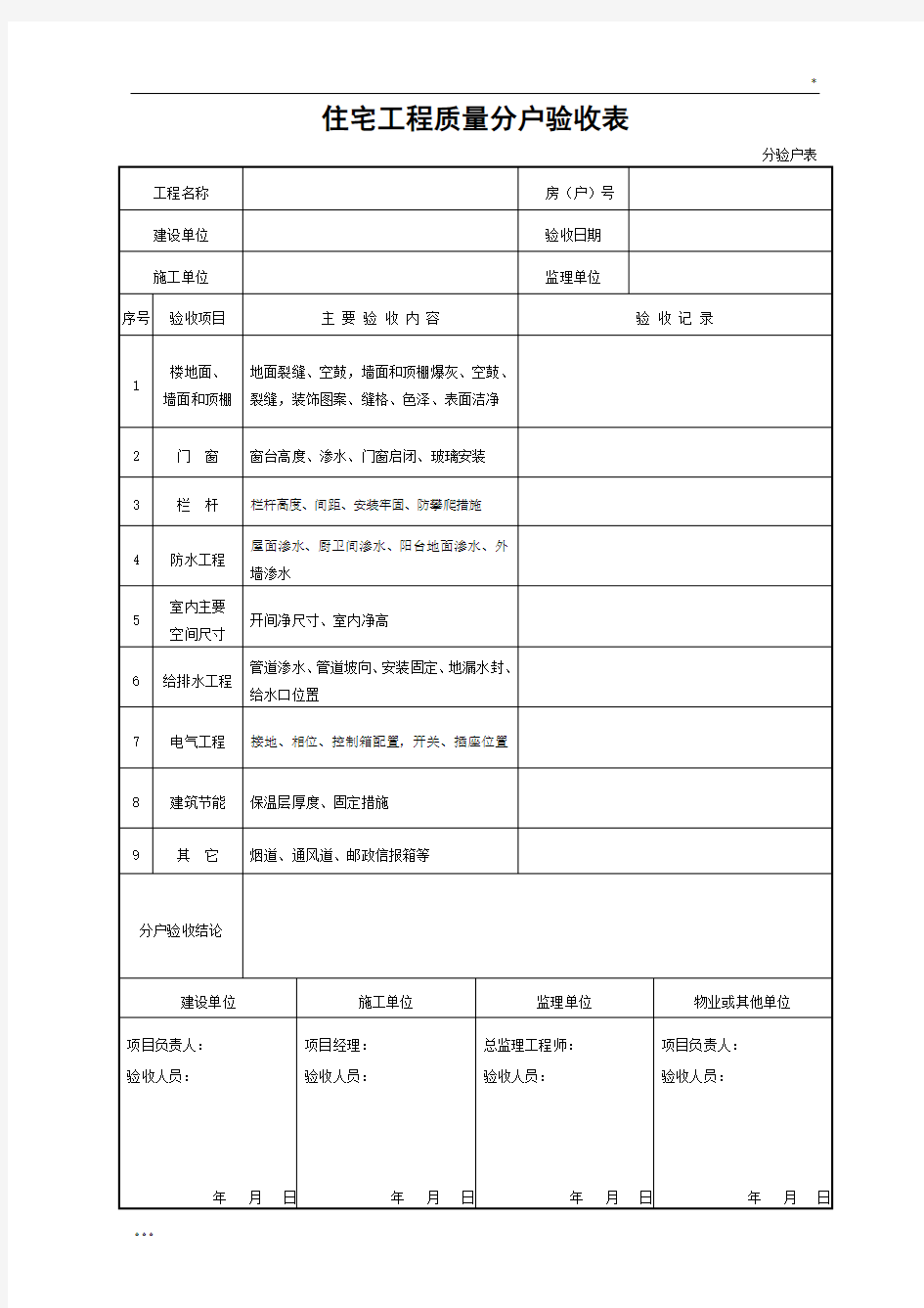 房建工程全套分户验收资料表格