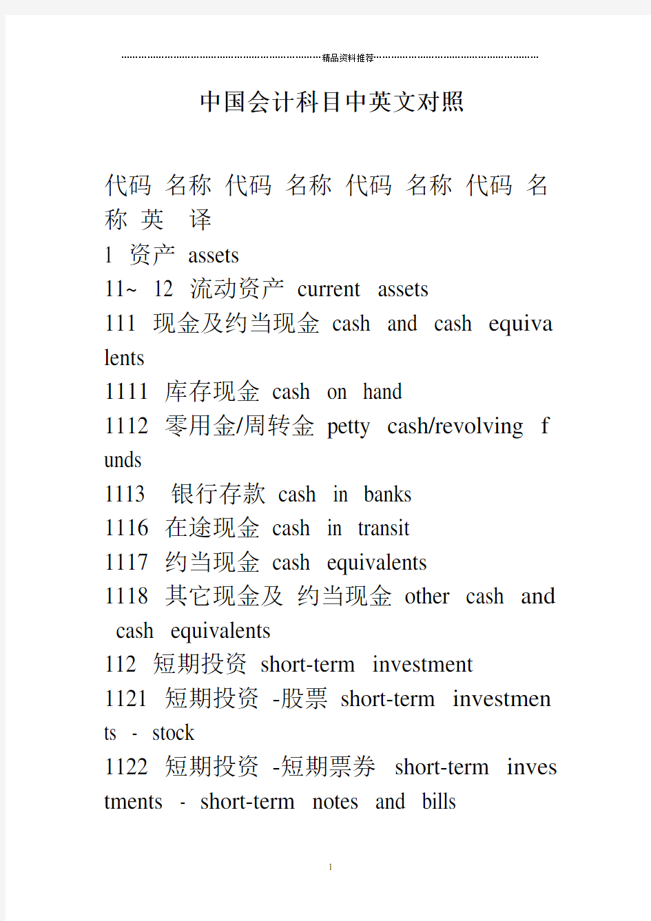 中国会计科目中英文对照