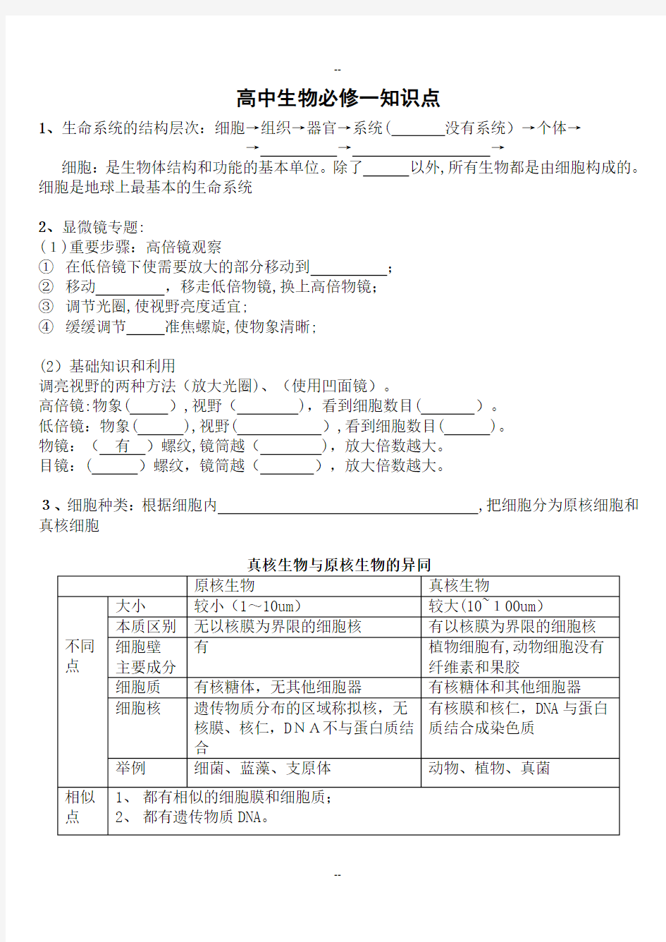 高三生物复习必修一知识点填空配大量图