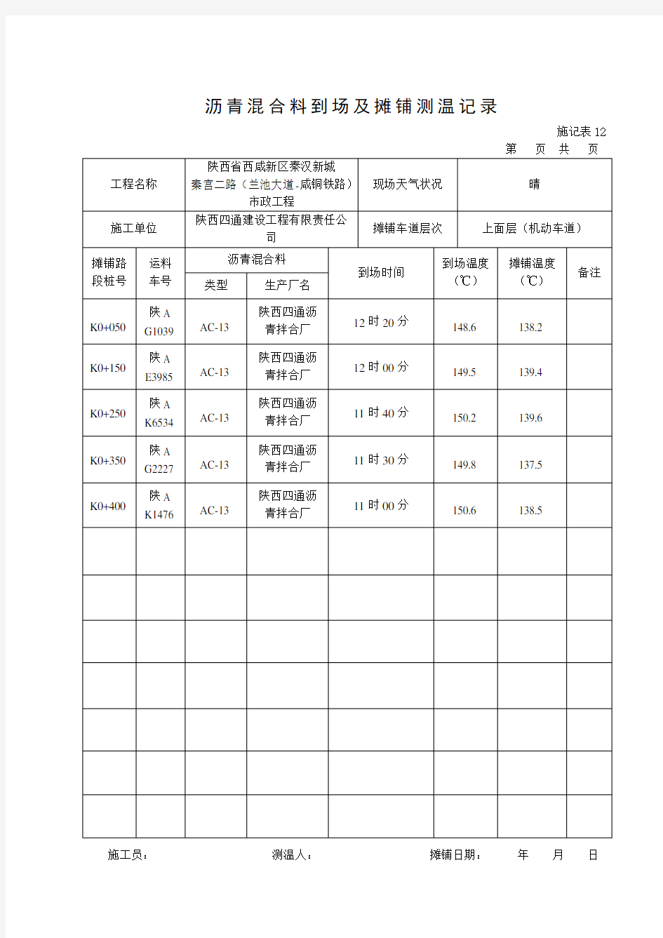 沥青混合料温度记录表