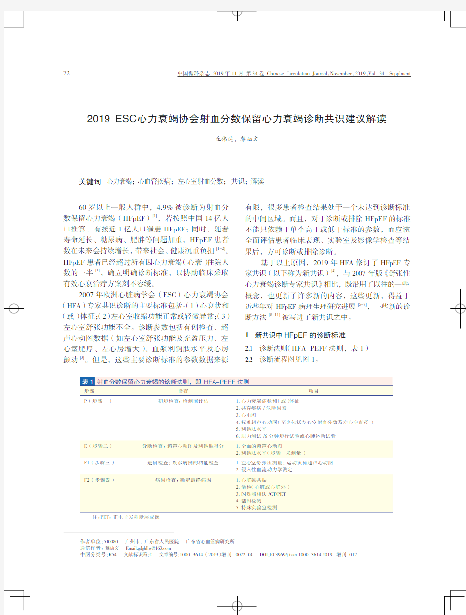 2019ESC心力衰竭协会射血分数保留心力衰竭诊断共识建议解读