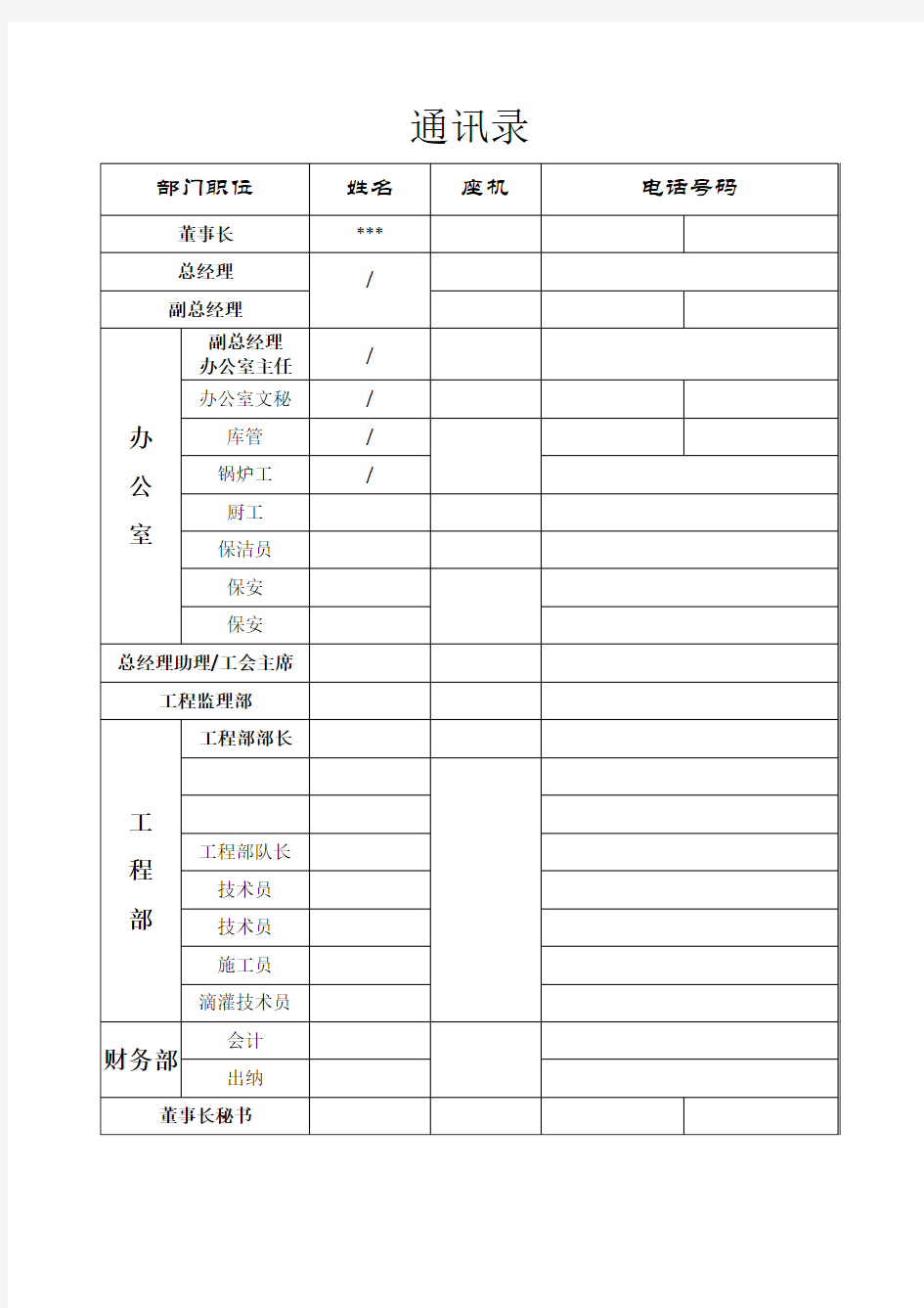 公司部门职位通讯录模板