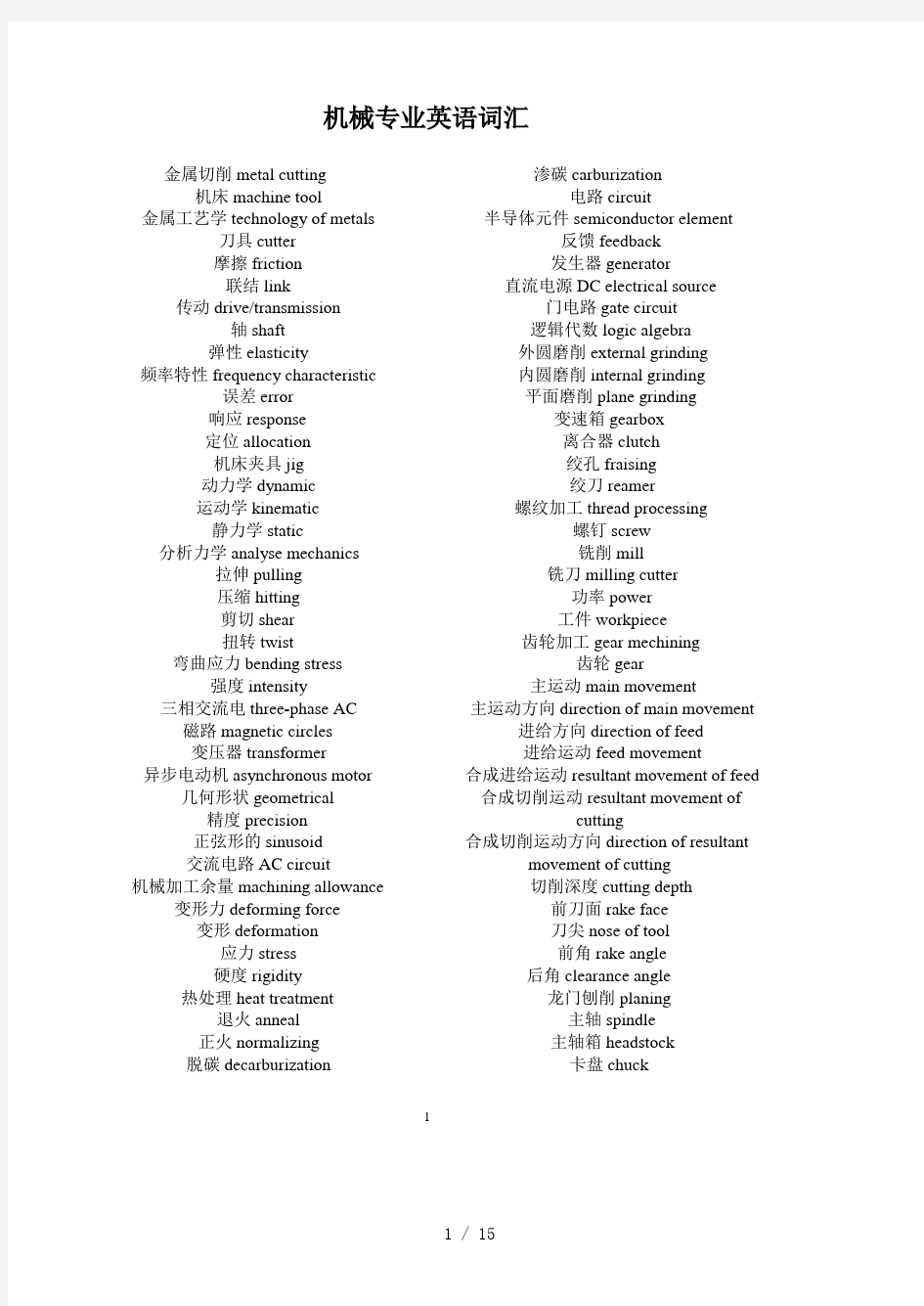 机械专业英语词汇最新完整版