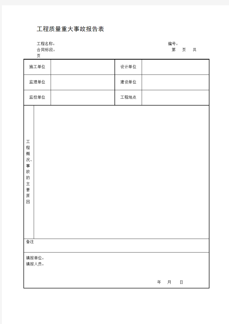 工程质量重大事故报告表