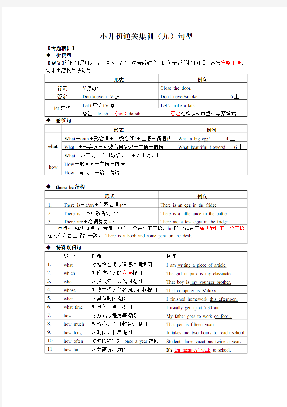 小升初英语句型