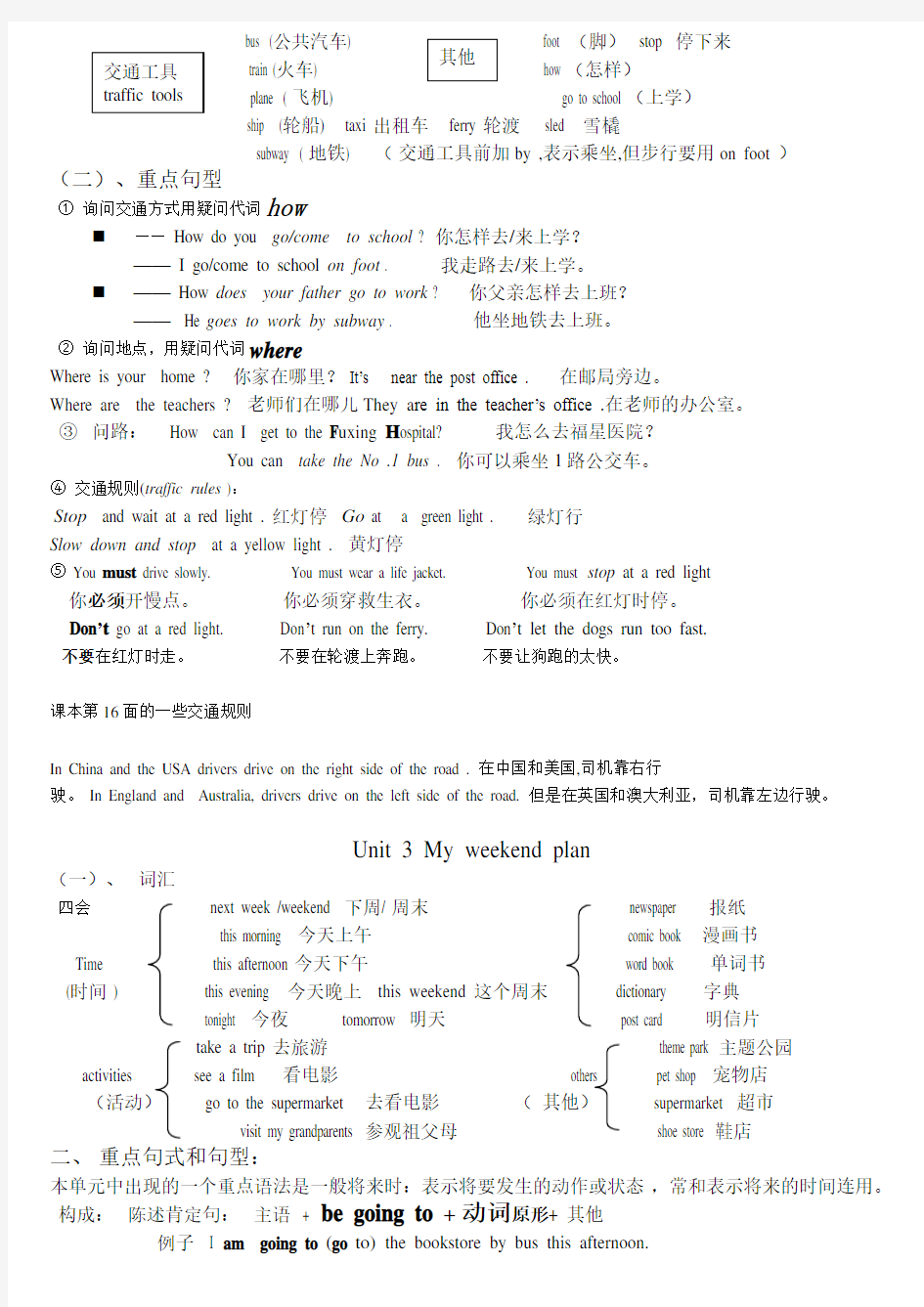 最新人教版PEP小学英语六年级上册期末复习知识点汇总