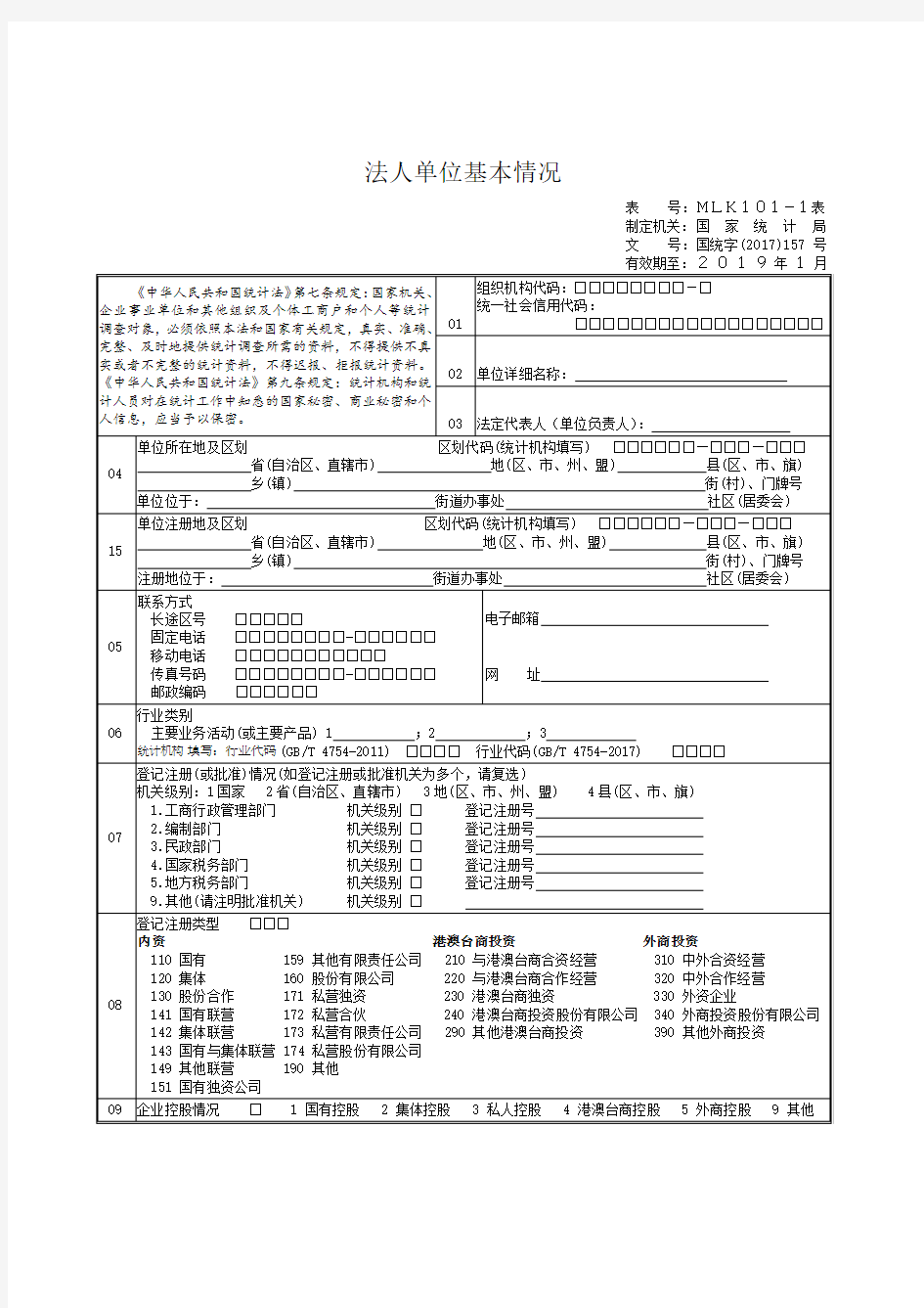 法人单位基本情况表