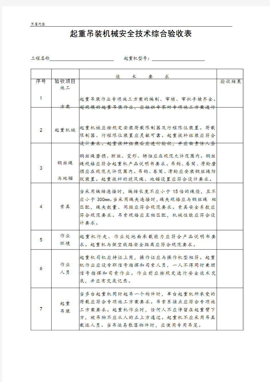 起重吊装机械安全技术综合验收表