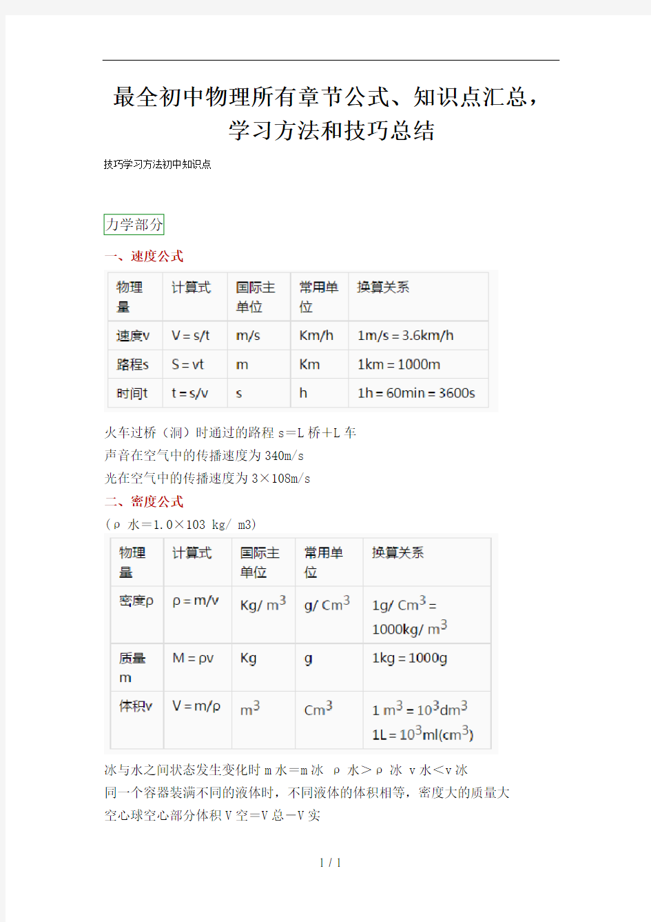 最全初中物理所有章节公式