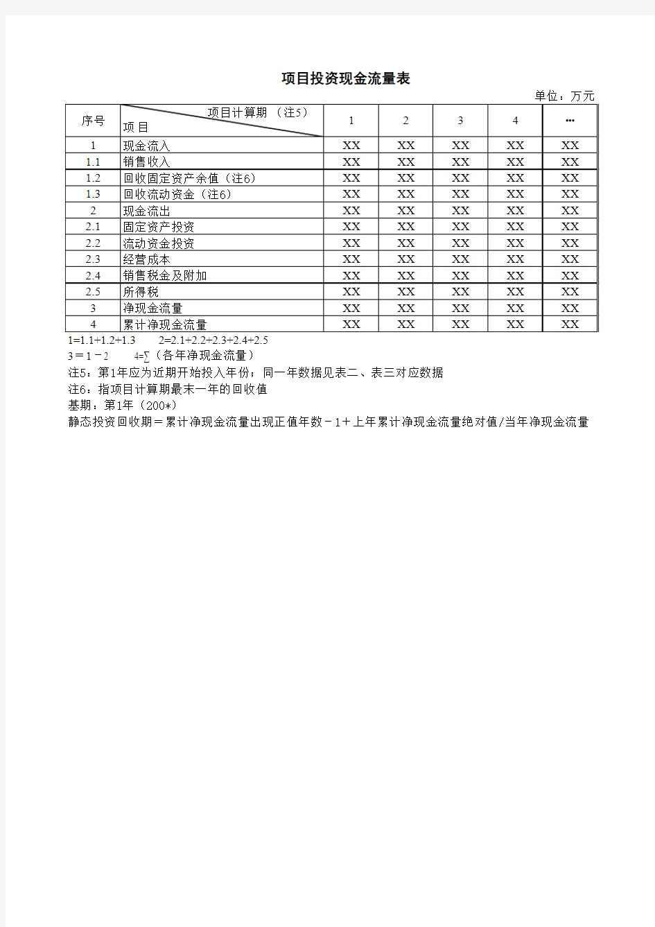 项目投资现金流量表