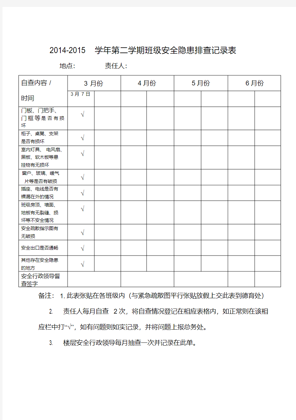 小学班级安全隐患排查记录表模板.pdf