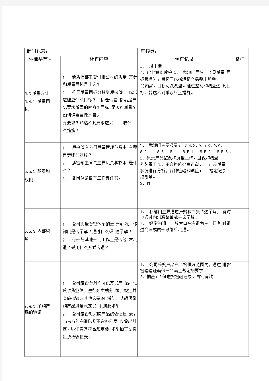 质检部内审检查表及审核内容