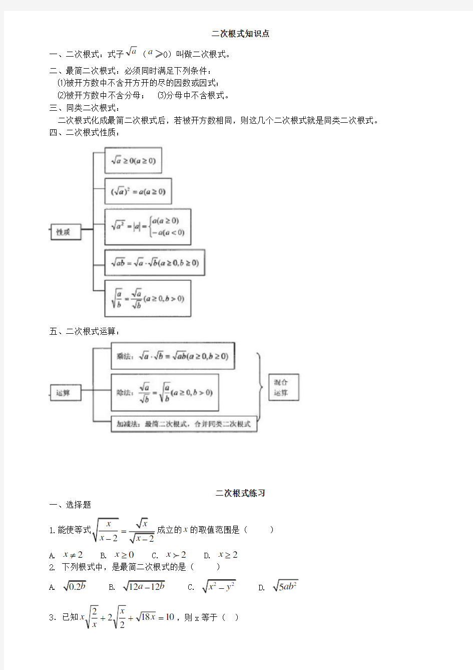 初二数学八下二次根式所有知识点总结和常考题型练习题 