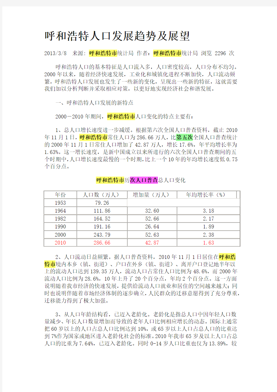 呼和浩特人口发展趋势及展望