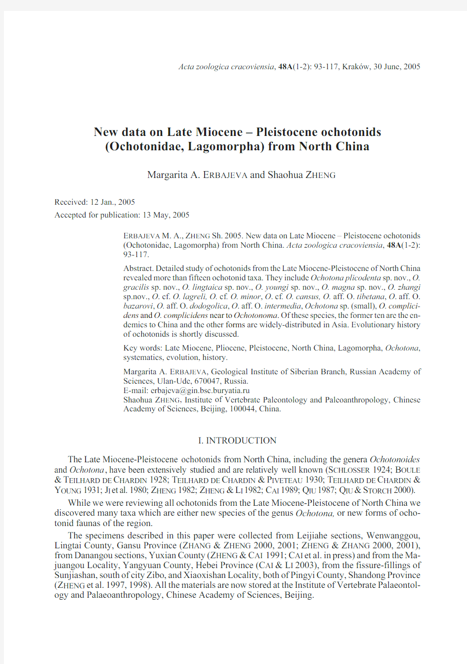 Ochotona of Miocene-Pleistocene 2005