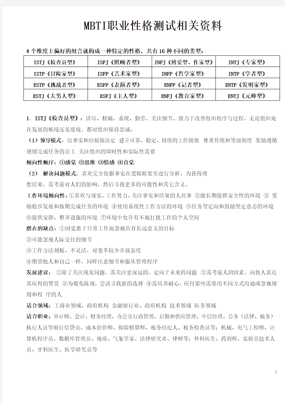 MBTI职业性格测试的16种性格分析