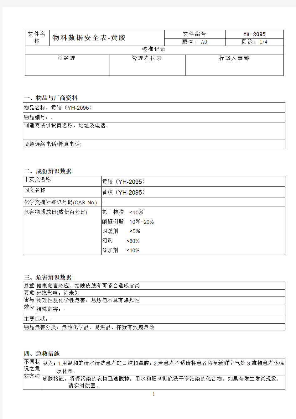 物料安全数据表 -MSDS 黄胶